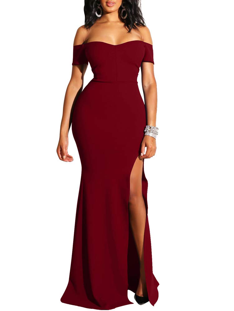 YMDUCH Women's Off Shoulder High Split Long Formal Party Dress Evening Gown WineRed - Image 3